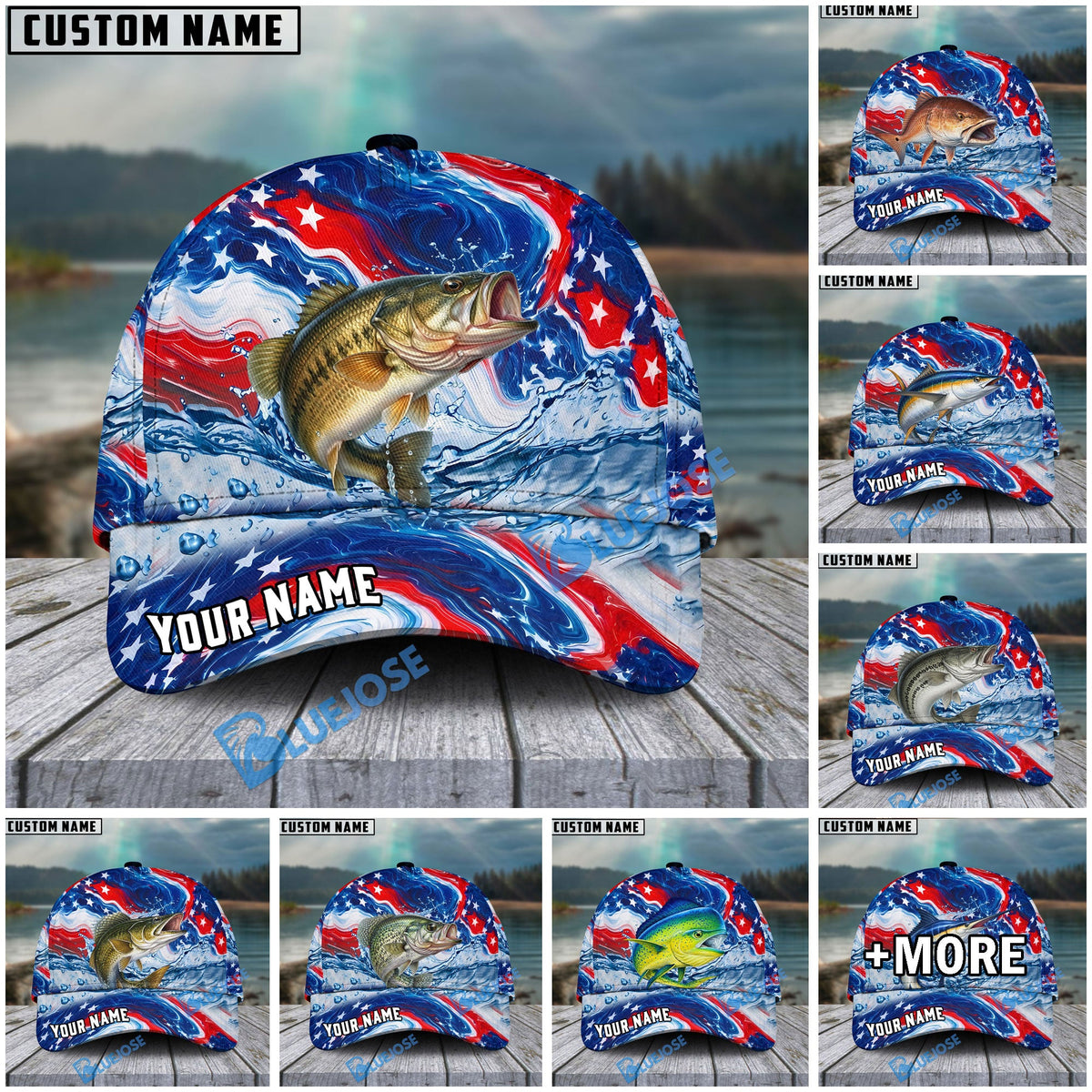 BlueJose Fishing Patriotic Red White Blue Wave Personalized Cap (13 Breeds)