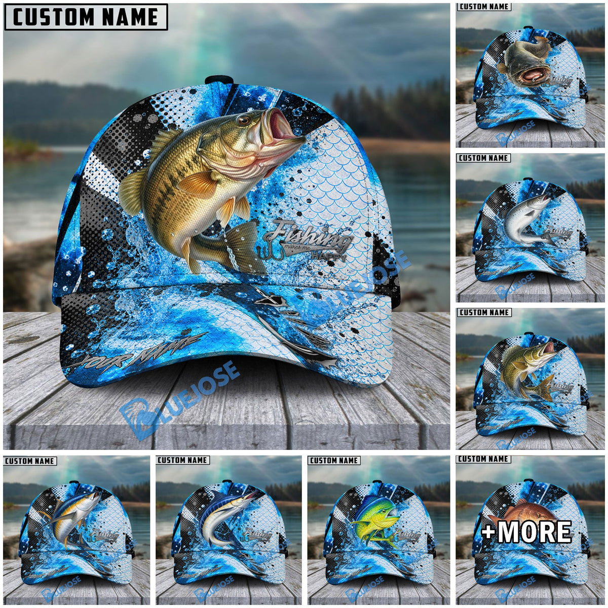 BlueJose Fishing Hook Blue Scale Water Splash Personalized Cap (13 Breeds)