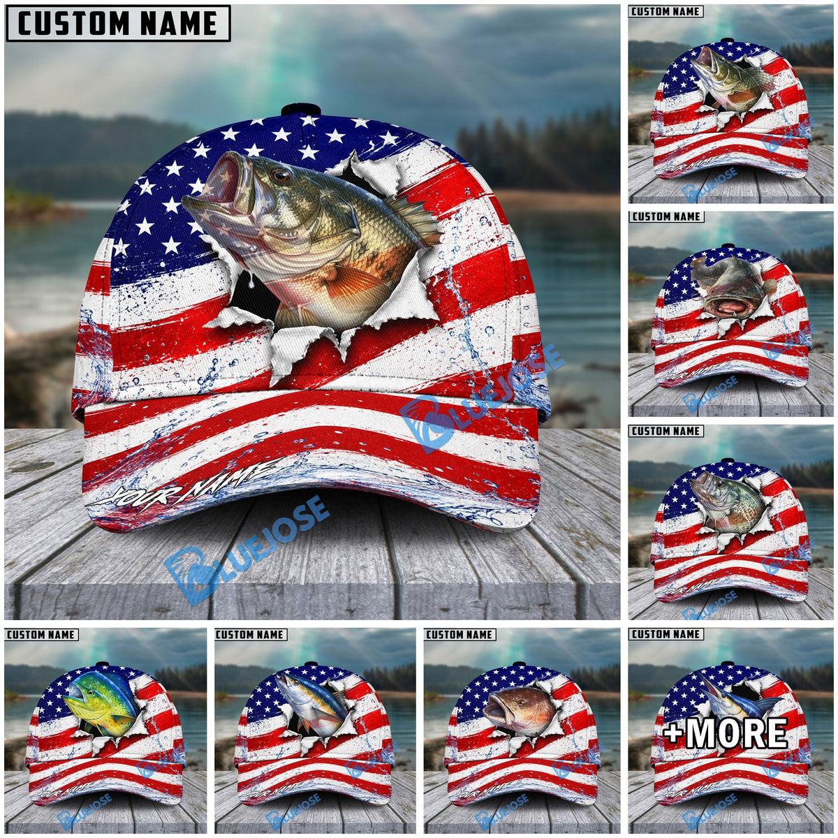 BlueJose Fishing Patriotic Flag Water Splash Personalized Cap (13 Breeds)