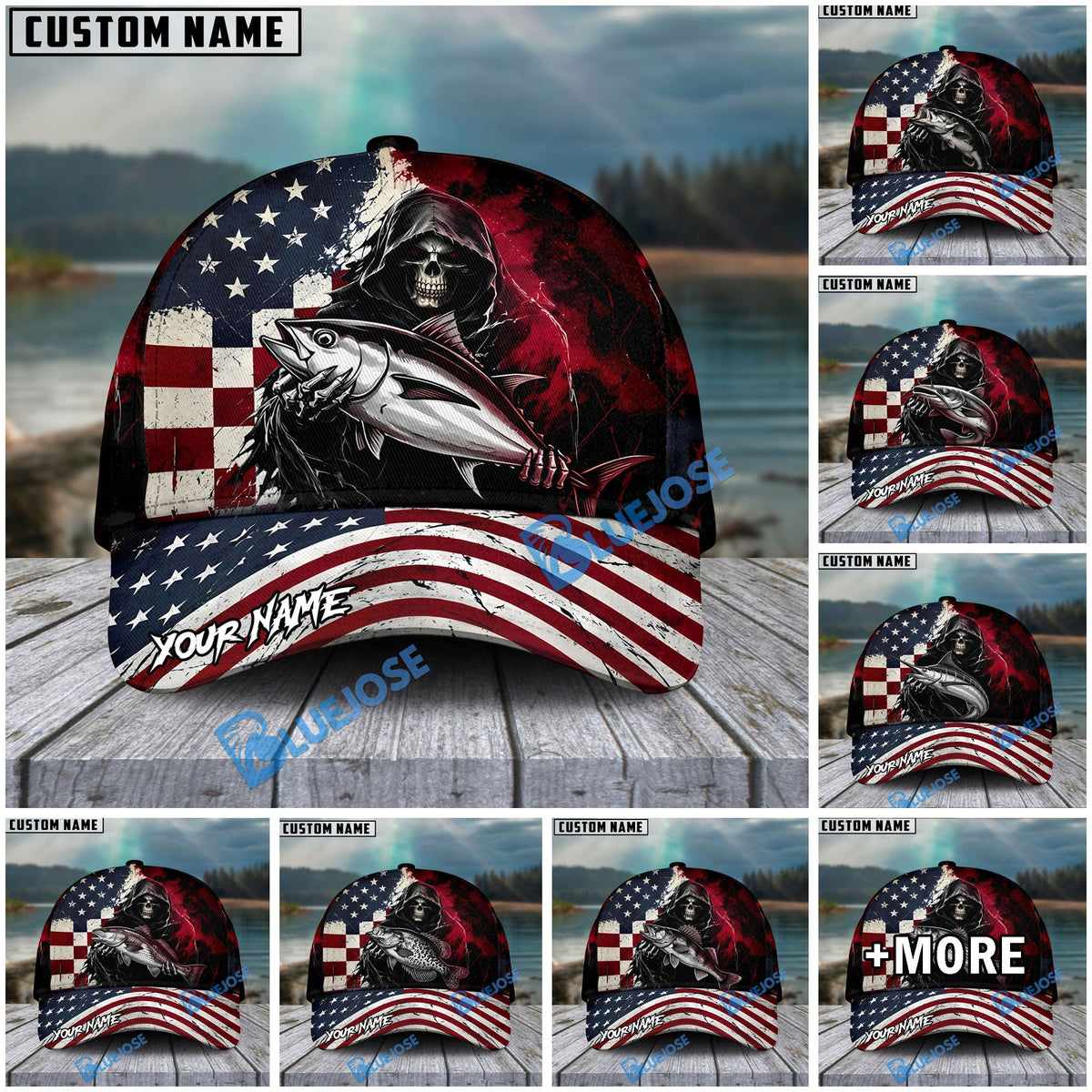 BlueJose Fishing Grunge American Flag Reaper Personalized Cap (13 Breeds)
