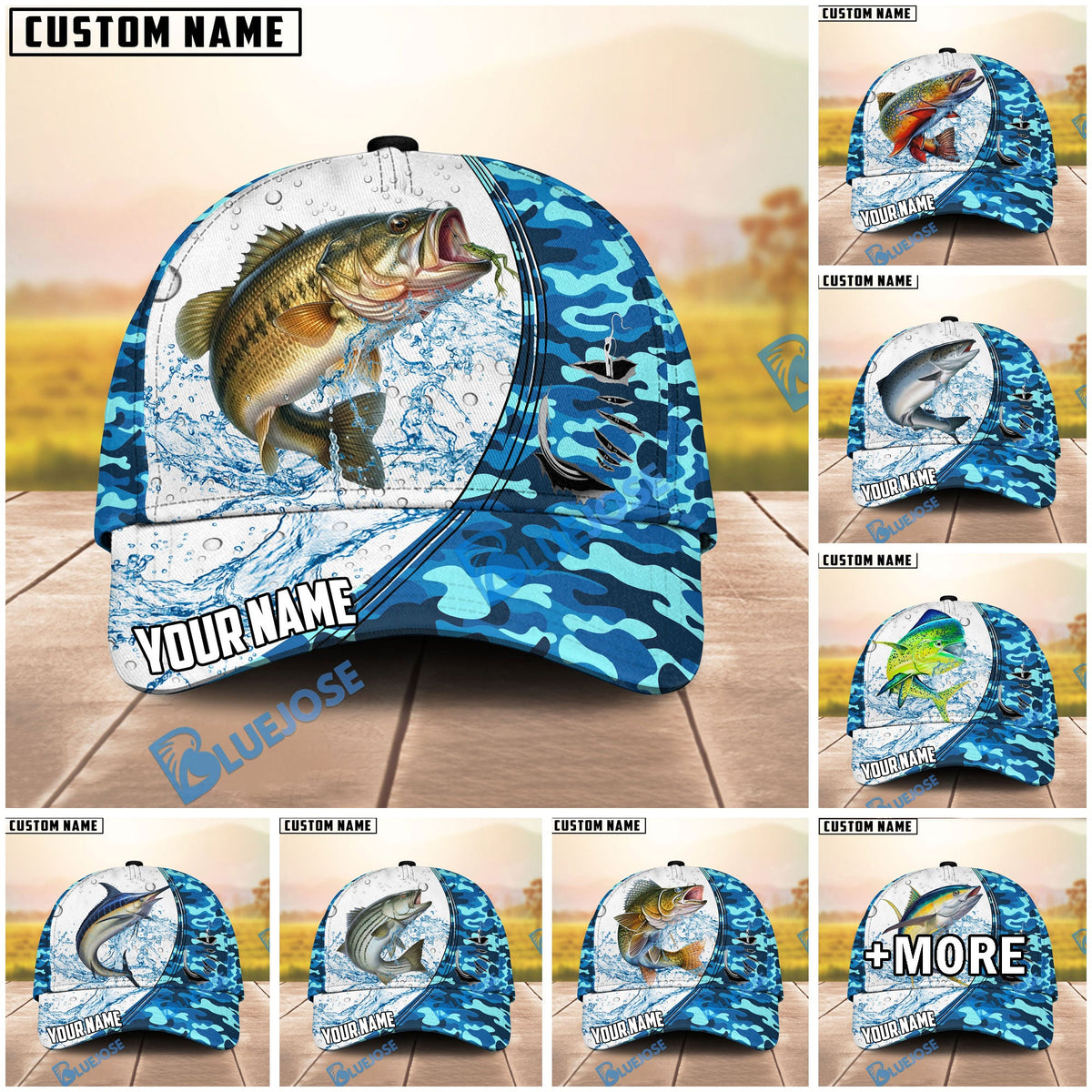 BlueJose Fishing White Blue Camo Circle Splash Personalized Cap (13 Breeds)