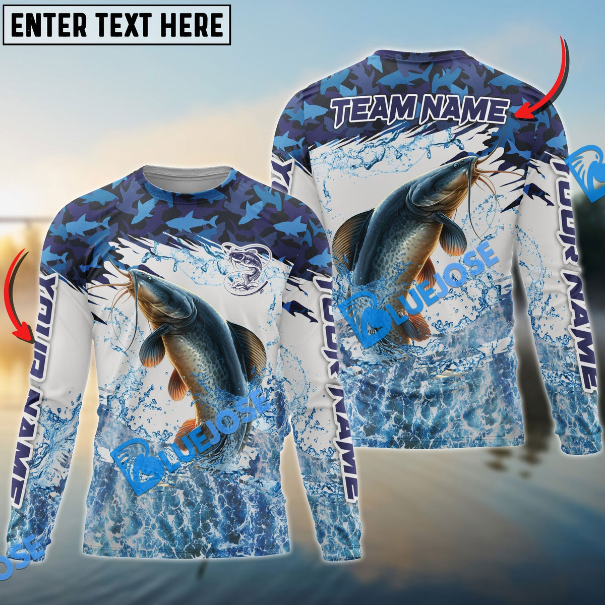 BlueJose Catfish Fishing Blue Camo Clear Water Custom Name & Team Name 3D Shirts