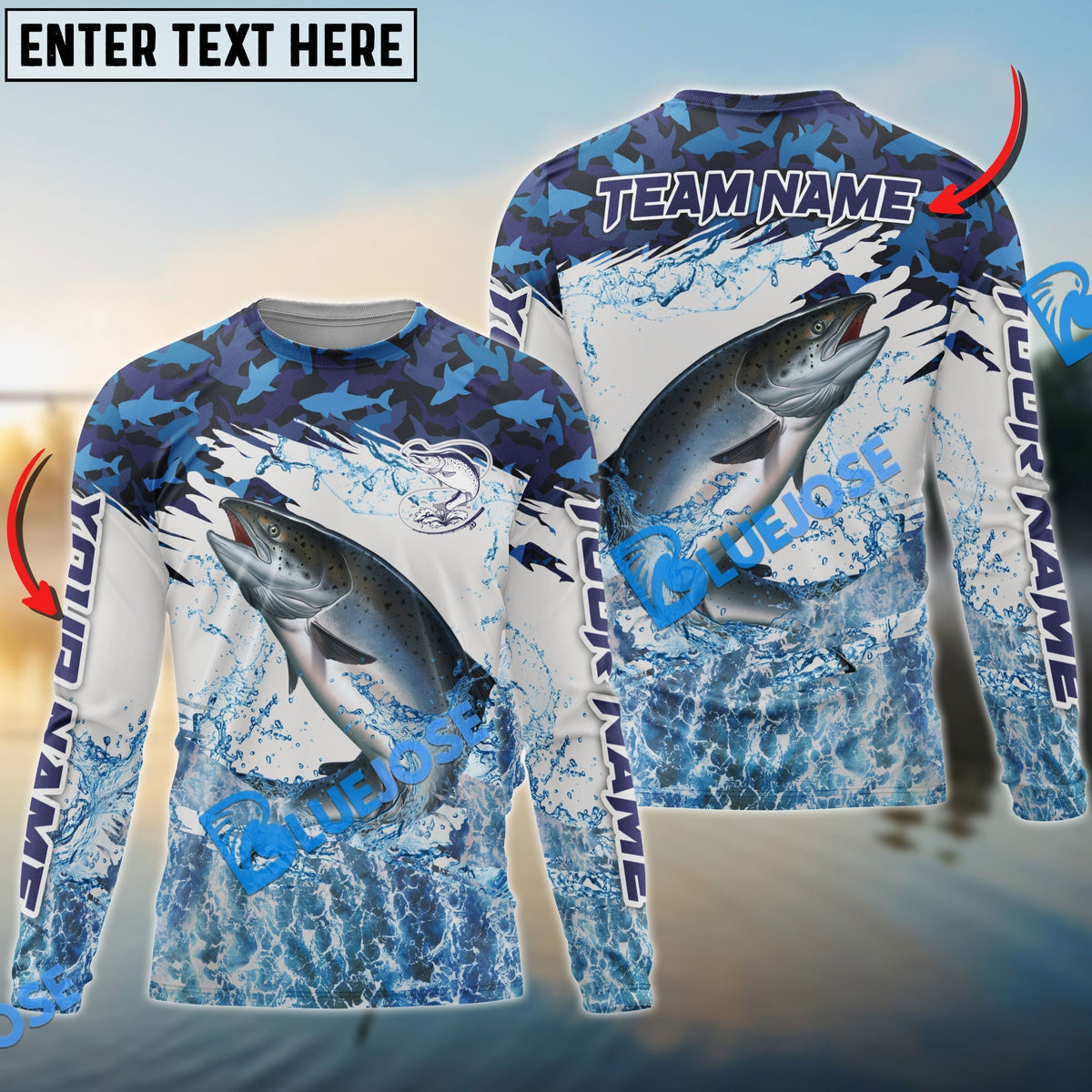 BlueJose Salmon Fishing Blue Camo Clear Water Custom Name & Team Name 3D Shirts