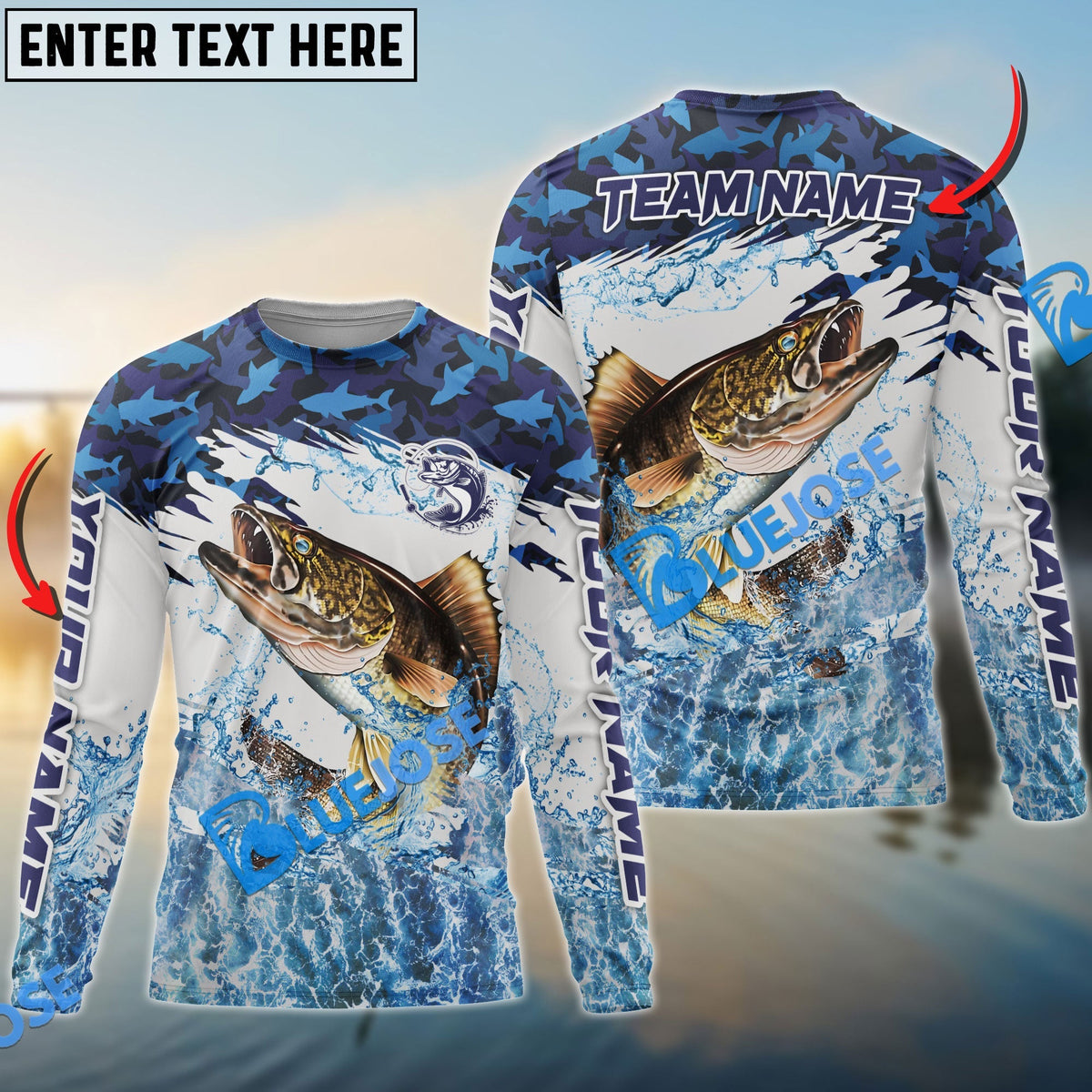 BlueJose Walleye Fishing Blue Camo Clear Water Custom Name & Team Name 3D Shirts