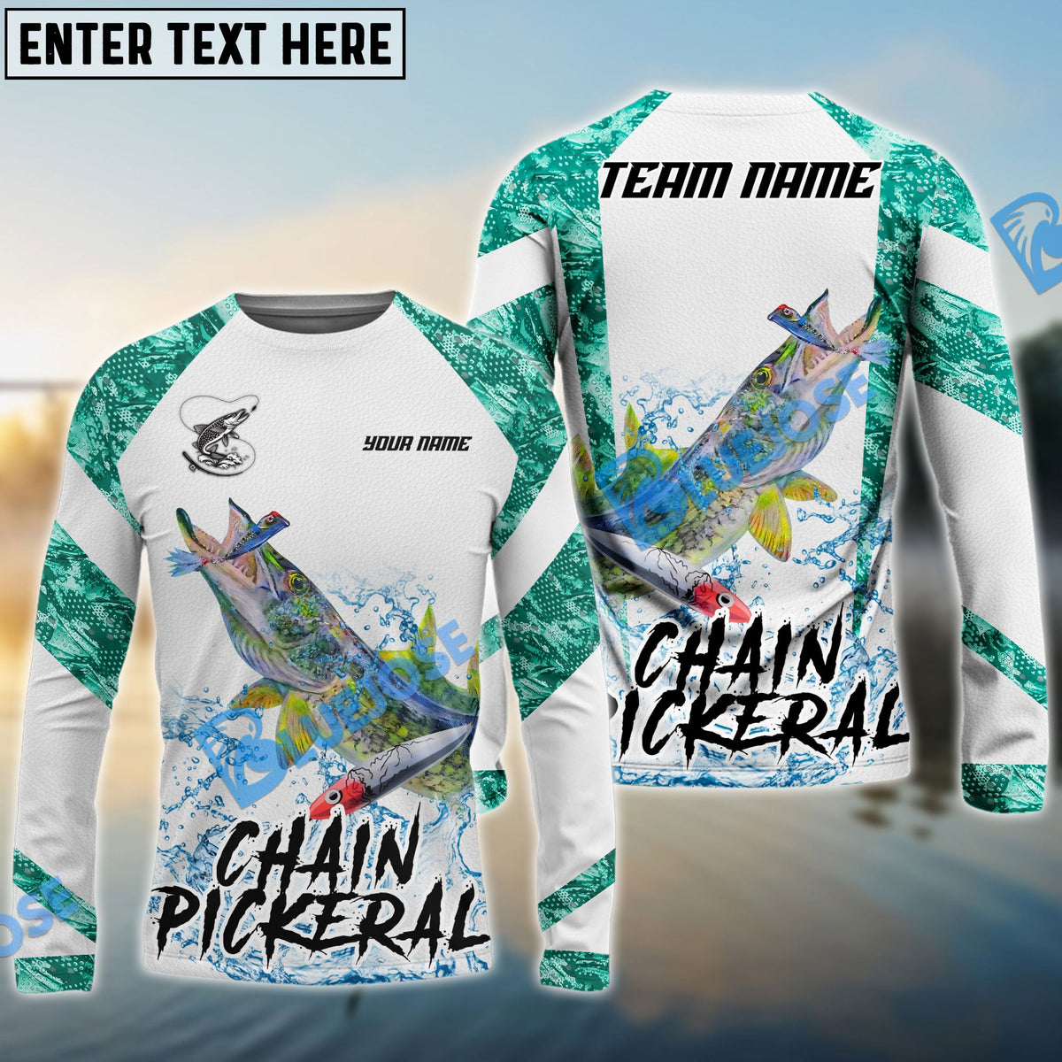 BlueJose Chain Pickerel Fishing Blue Camo White Pattern Sport Custom Name & Team Name 3D Shirts