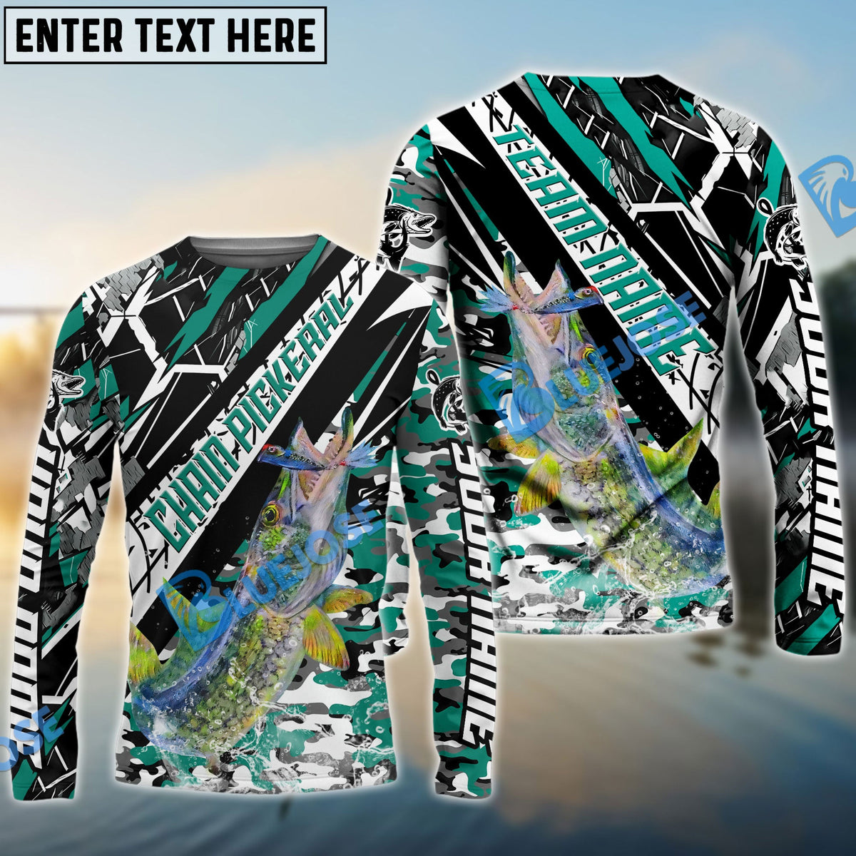 BlueJose Chain Pickerel Fishing Teal Green Grunge Camo Custom Name & Team Name 3D Shirts