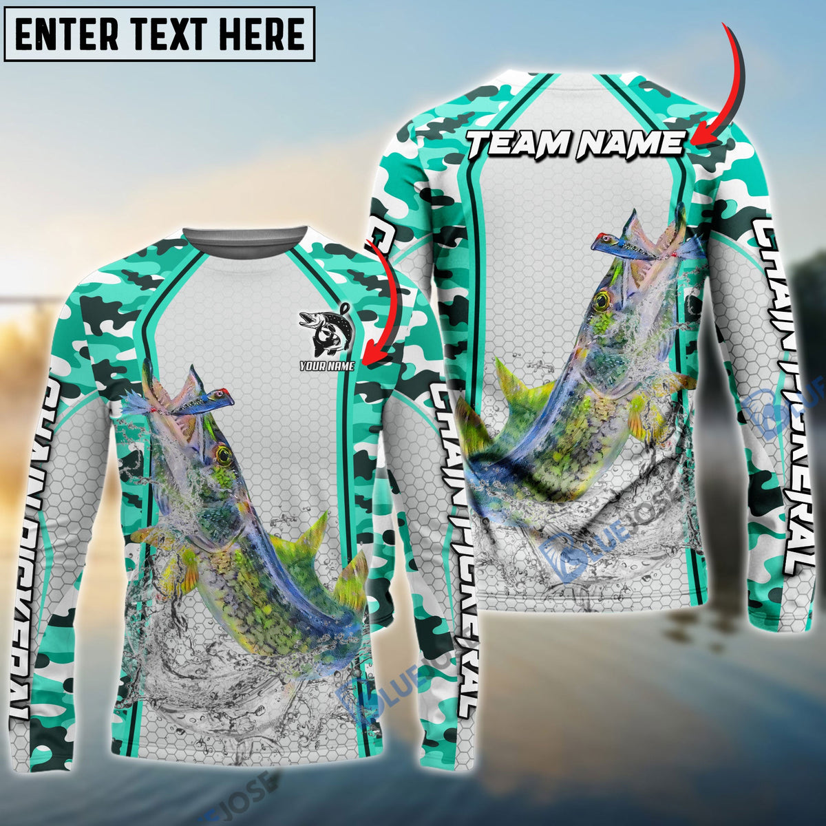BlueJose Chain Pickerel Fishing Light Green Camo Sport Custom Name & Team Name 3D Shirts