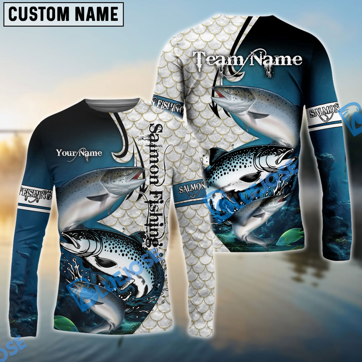 BlueJose Salmon Fishing Big Fin Pattern Custom Name & Team Name 3D Shirts