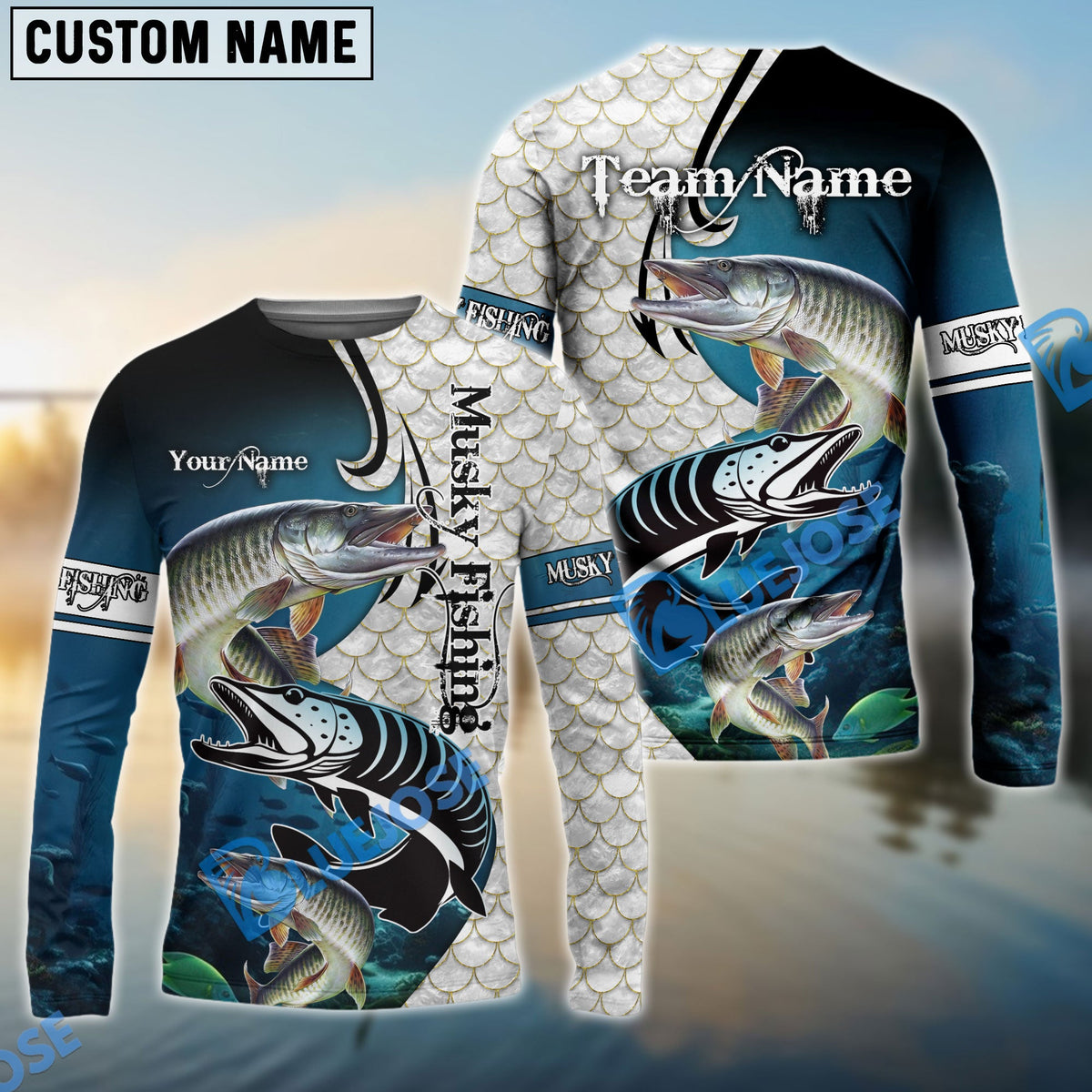 BlueJose Musky Fishing Big Fin Pattern Custom Name & Team Name 3D Shirts