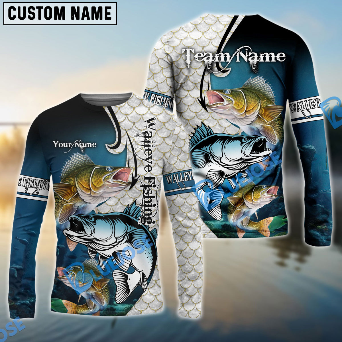 BlueJose Walleye Fishing Big Fin Pattern Custom Name & Team Name 3D Shirts