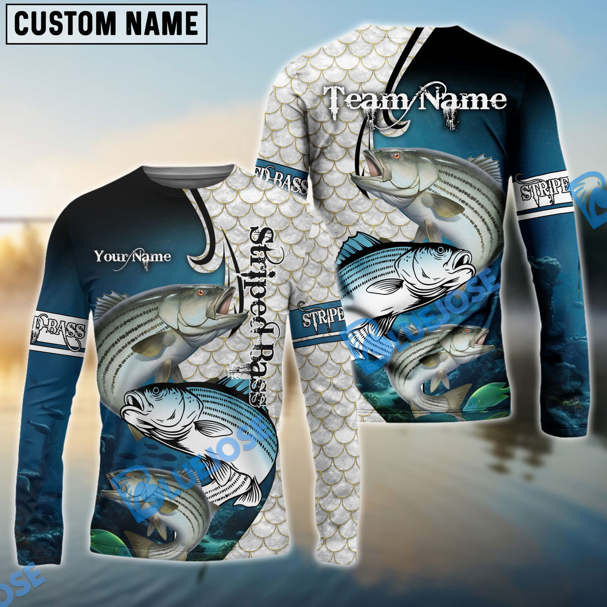 BlueJose Striped Bass Fishing Big Fin Pattern Custom Name & Team Name 3D Shirts