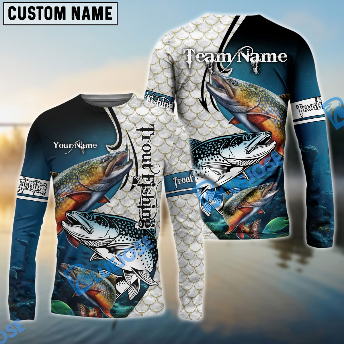 BlueJose Trout Fishing Big Fin Pattern Custom Name & Team Name 3D Shirts
