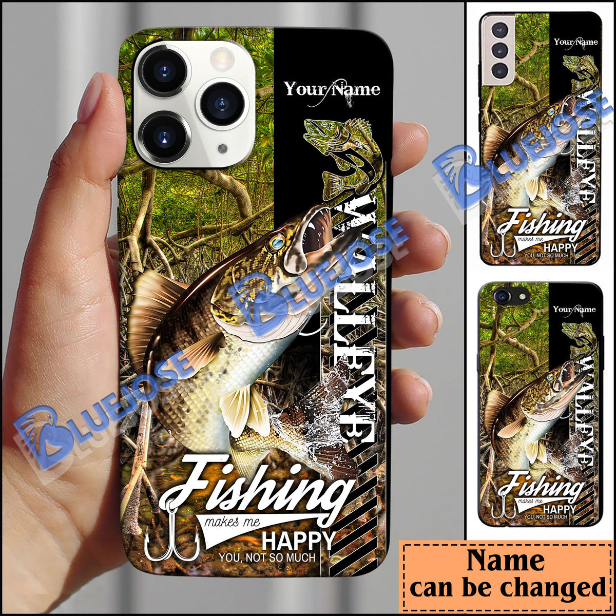 BlueJose Walleye Fishing Jungle Camo Personalized Name Phone Case