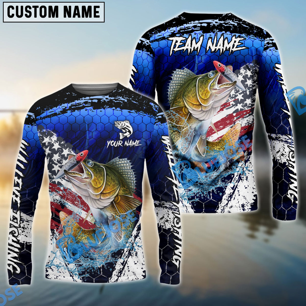 BlueJose Walleye Fishing Dark Blue Scratch American Flag scratch Sport Custom Name & Team Name 3D Shirts