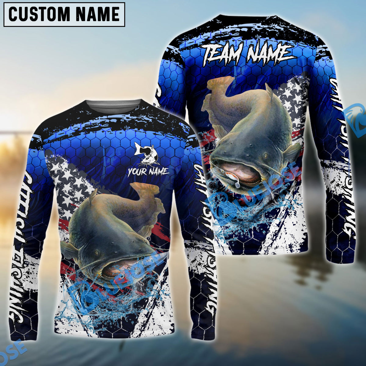 BlueJose Catfish Fishing Dark Blue Scratch American Flag scratch Sport Custom Name & Team Name 3D Shirts
