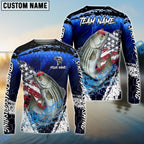 BlueJose Striped Bass Fishing Dark Blue Scratch American Flag scratch Sport Custom Name & Team Name 3D Shirts
