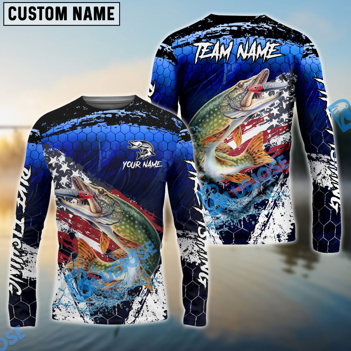 BlueJose Salmon Fishing Dark Blue Scratch American Flag scratch Sport Custom Name & Team Name 3D Shirts
