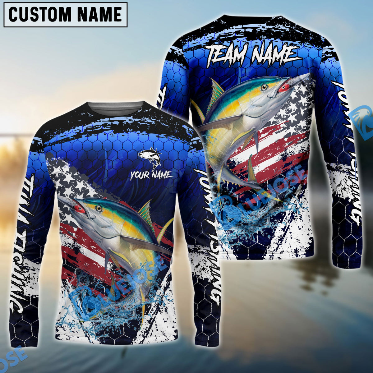 BlueJose Tuna Fishing Dark Blue Scratch American Flag scratch Sport Custom Name & Team Name 3D Shirts