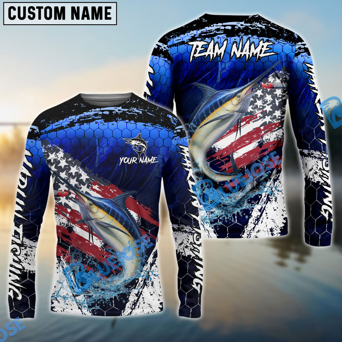 BlueJose Marlin Fishing Dark Blue Scratch American Flag scratch Sport Custom Name & Team Name 3D Shirts