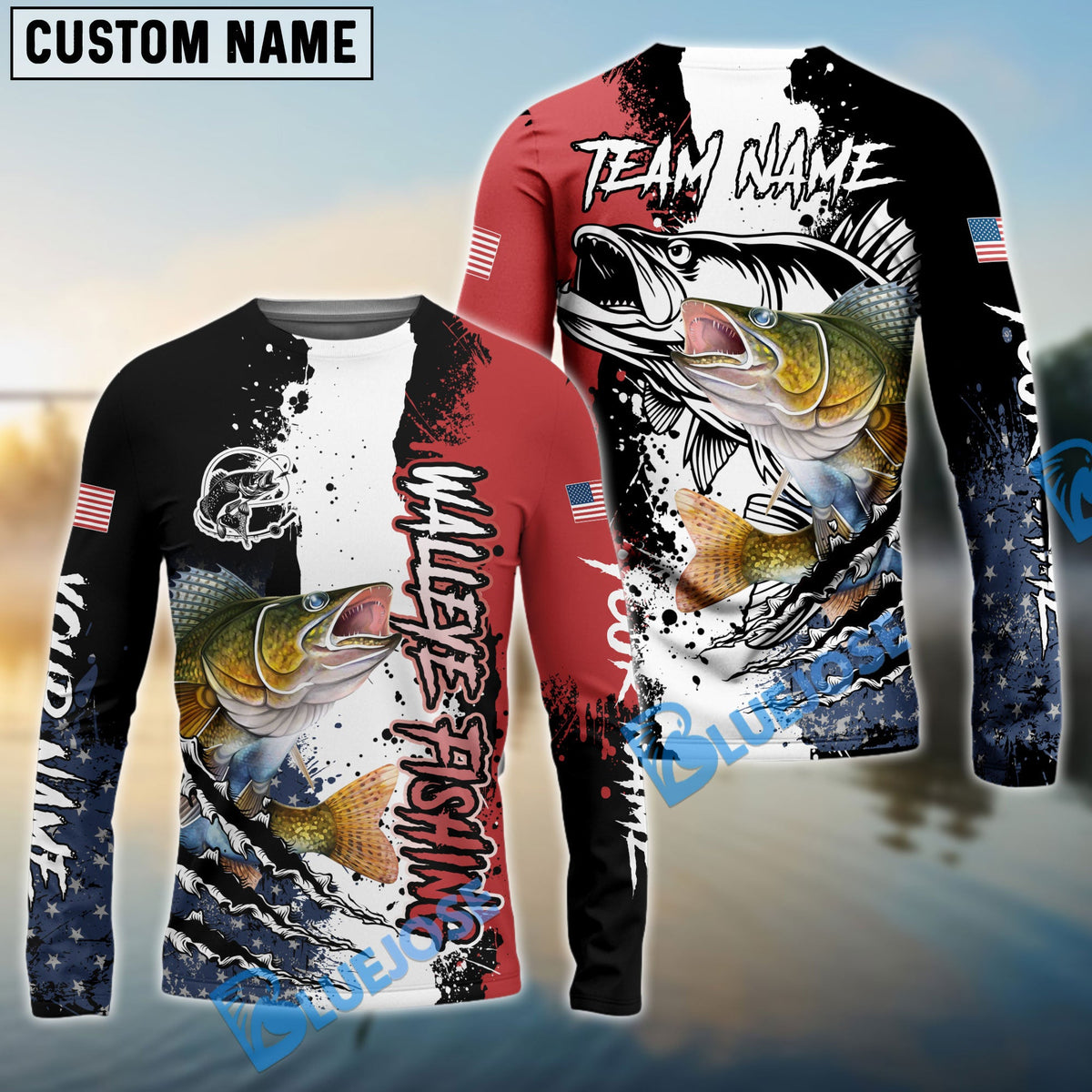 BlueJose Walleye Fishing Paint Scratch American Flag scratch Sport Custom Name & Team Name 3D Shirts