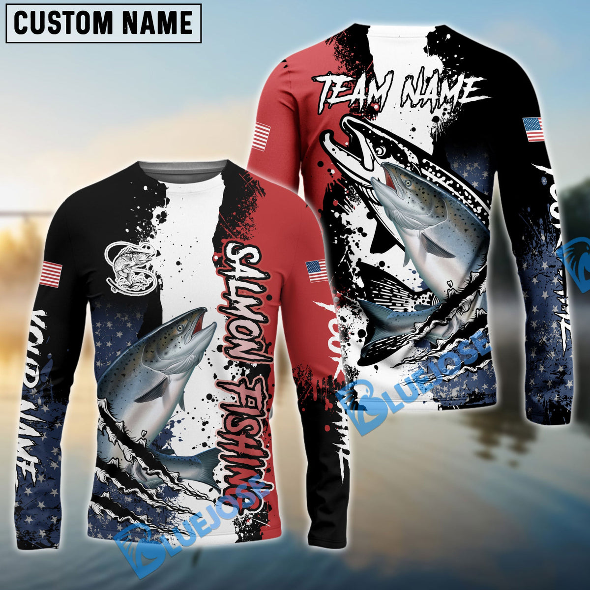 BlueJose Salmon Fishing Paint Scratch American Flag scratch Sport Custom Name & Team Name 3D Shirts