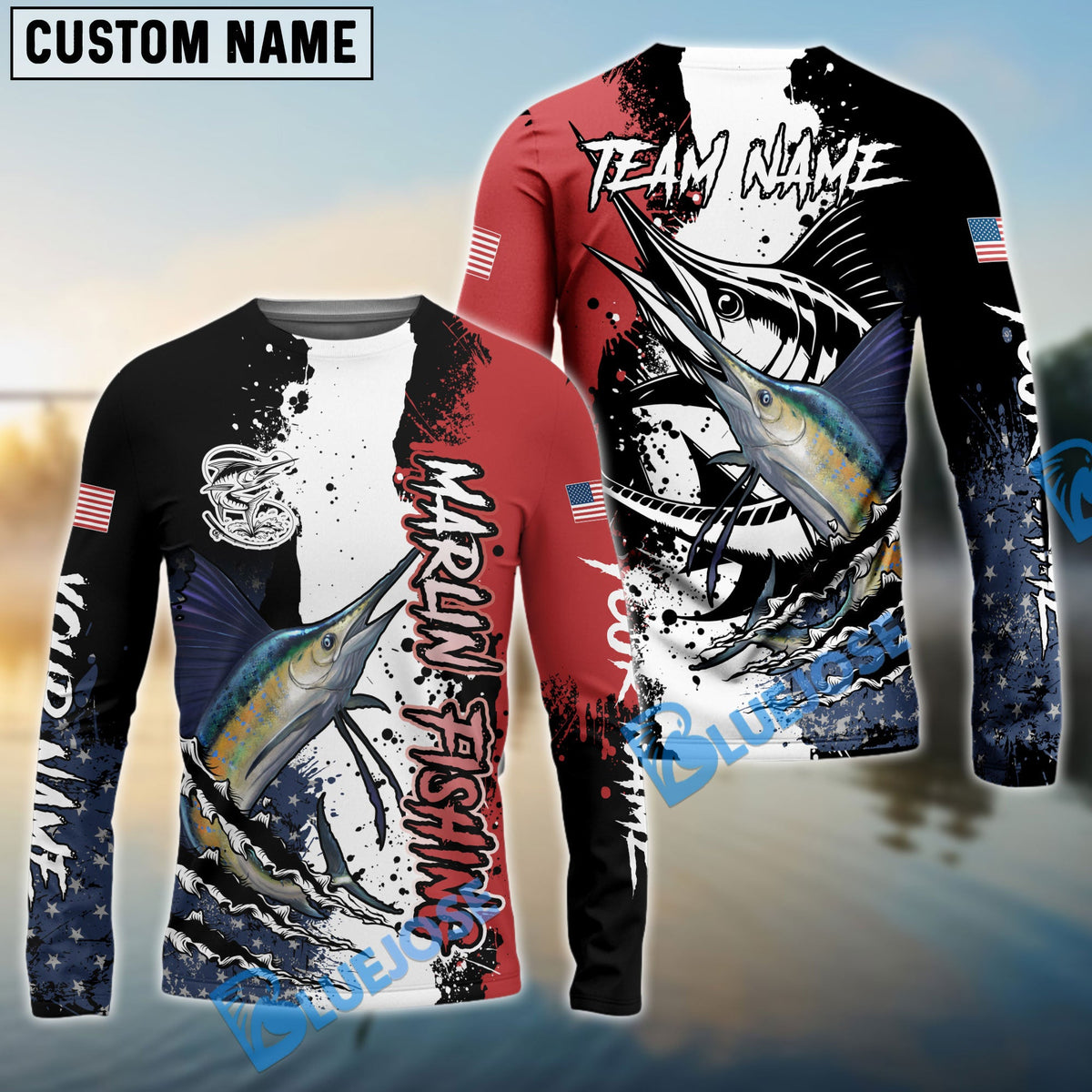 BlueJose Marlin Fishing Paint Scratch American Flag scratch Sport Custom Name & Team Name 3D Shirts