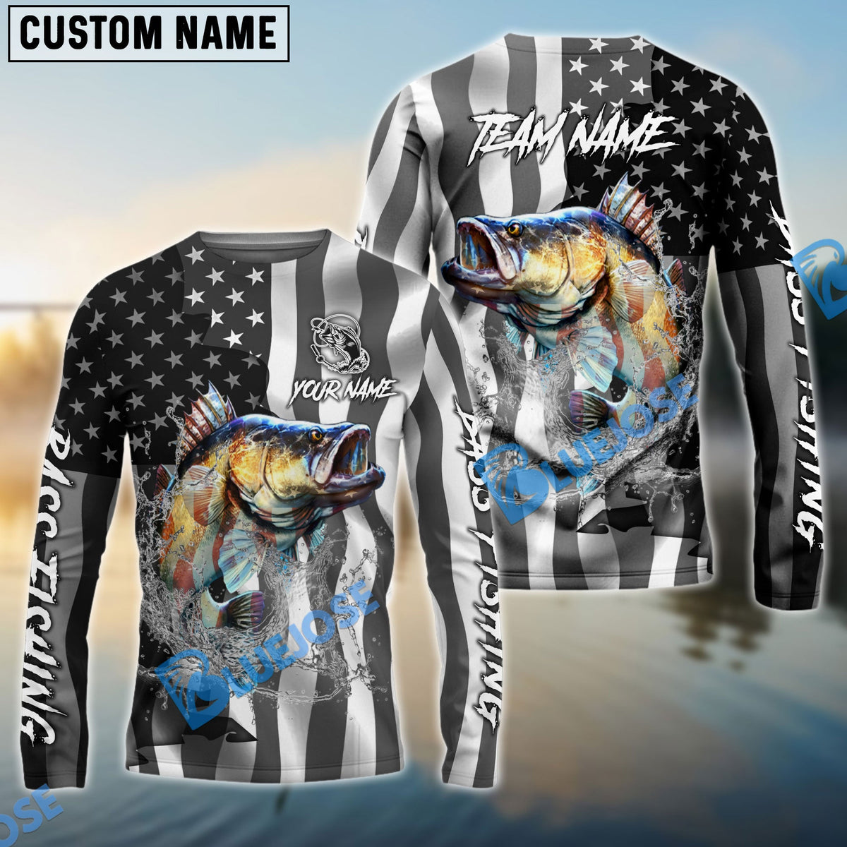 BlueJose Bass Fishing Black American Flag Sport Custom Name & Team Name 3D Shirts