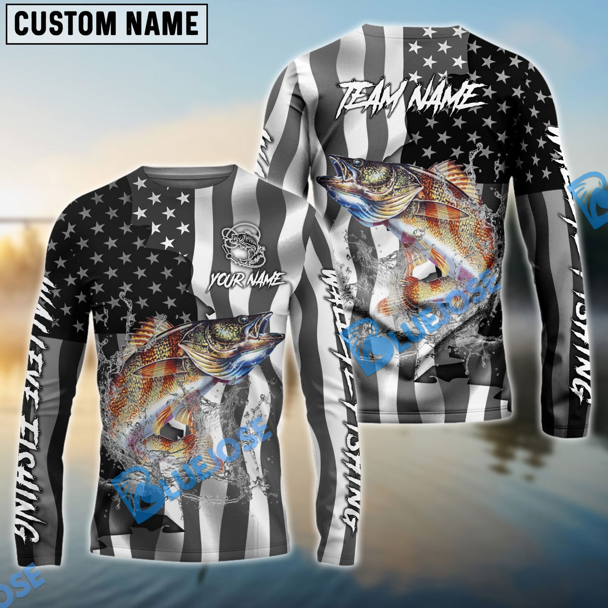 BlueJose Walleye Fishing Black American Flag Sport Custom Name & Team Name 3D Shirts