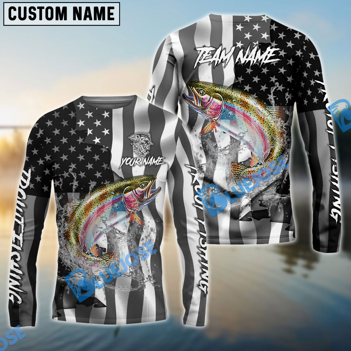 BlueJose Trout Fishing Black American Flag Sport Custom Name & Team Name 3D Shirts