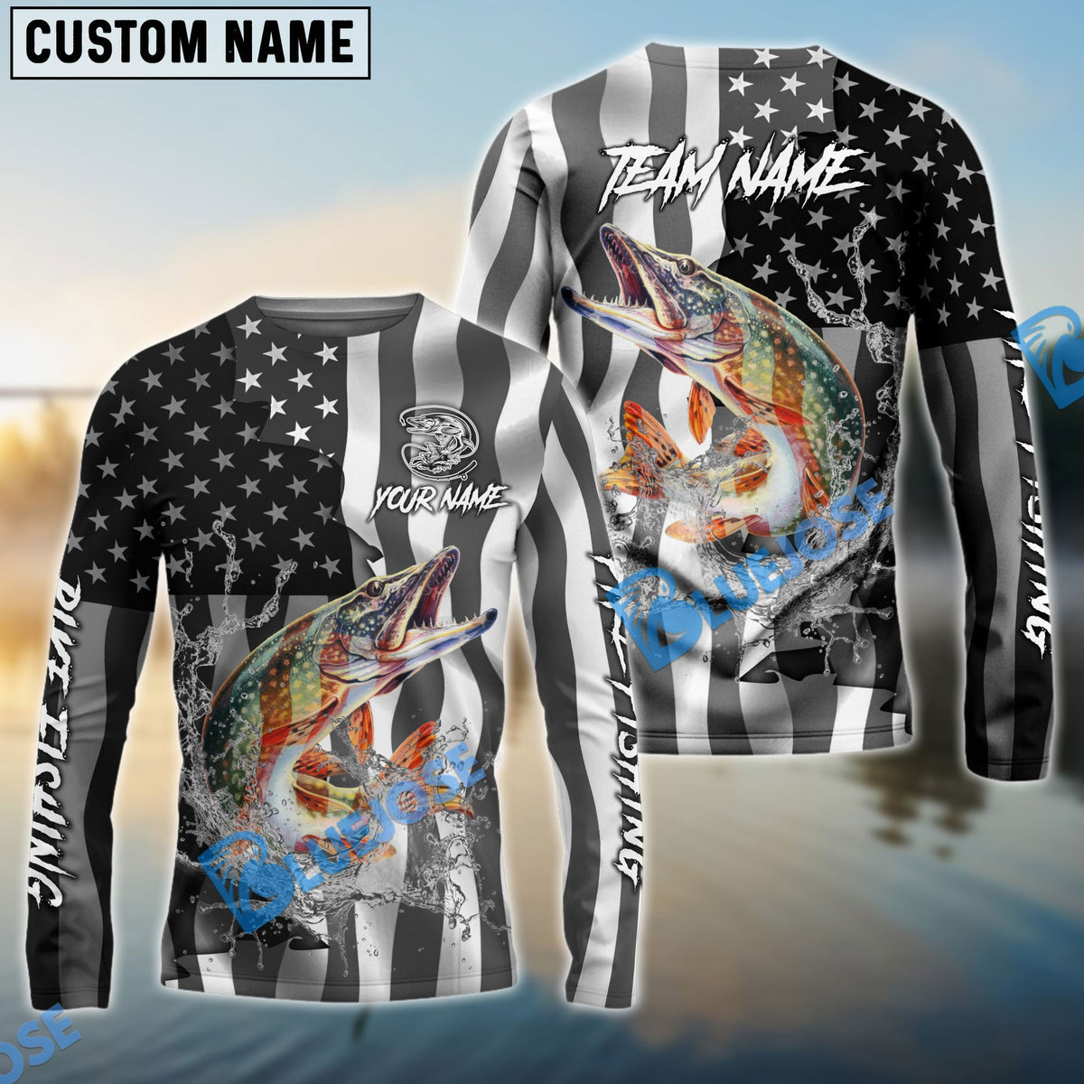 BlueJose Pike Fishing Black American Flag Sport Custom Name & Team Name 3D Shirts