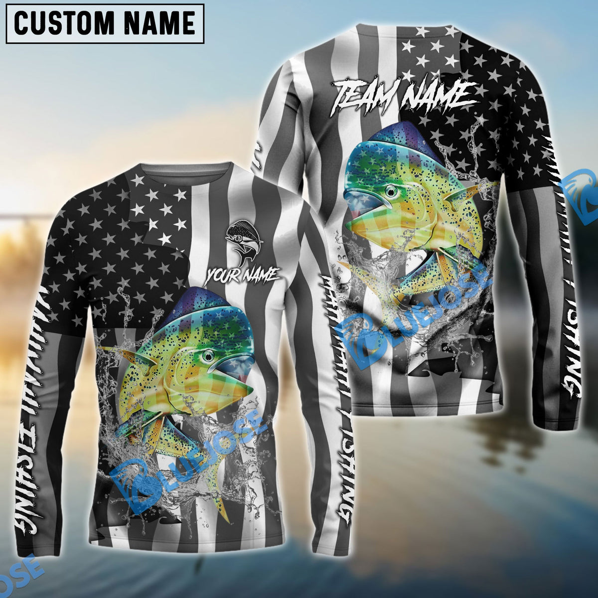BlueJose Mahi-mahi Fishing Black American Flag Sport Custom Name & Team Name 3D Shirts