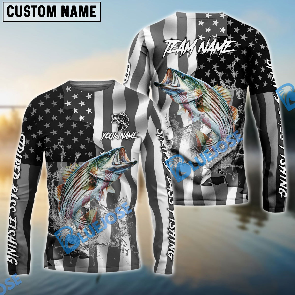 BlueJose Striped Bass Fishing Black American Flag Sport Custom Name & Team Name 3D Shirts