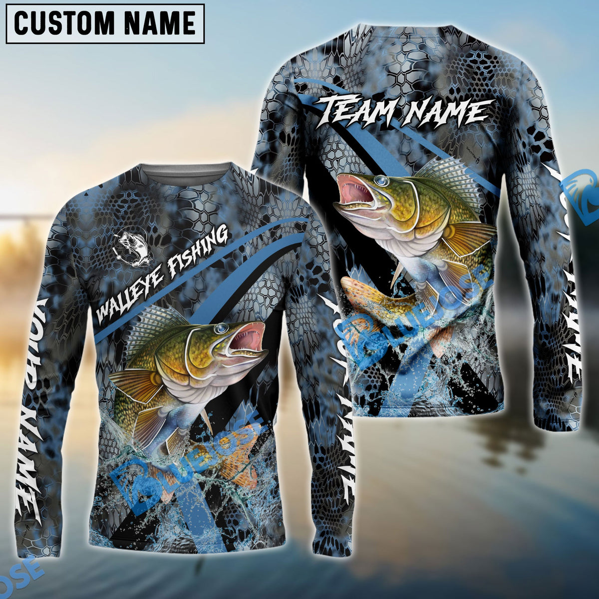BlueJose Walleye Fishing Dark Skin Sport Custom Name & Team Name 3D Shirts