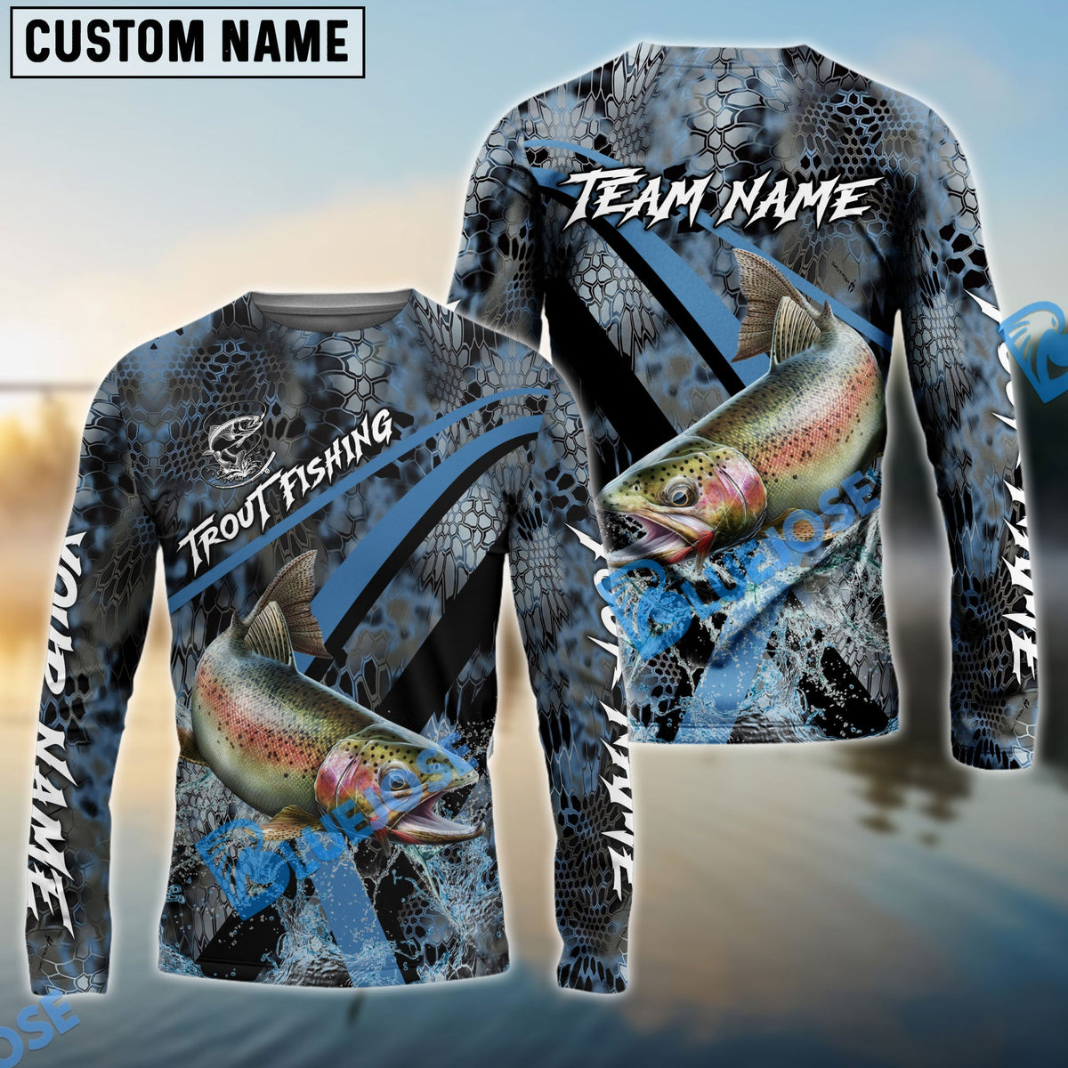 BlueJose Trout Fishing Dark Skin Sport Custom Name & Team Name 3D Shirts