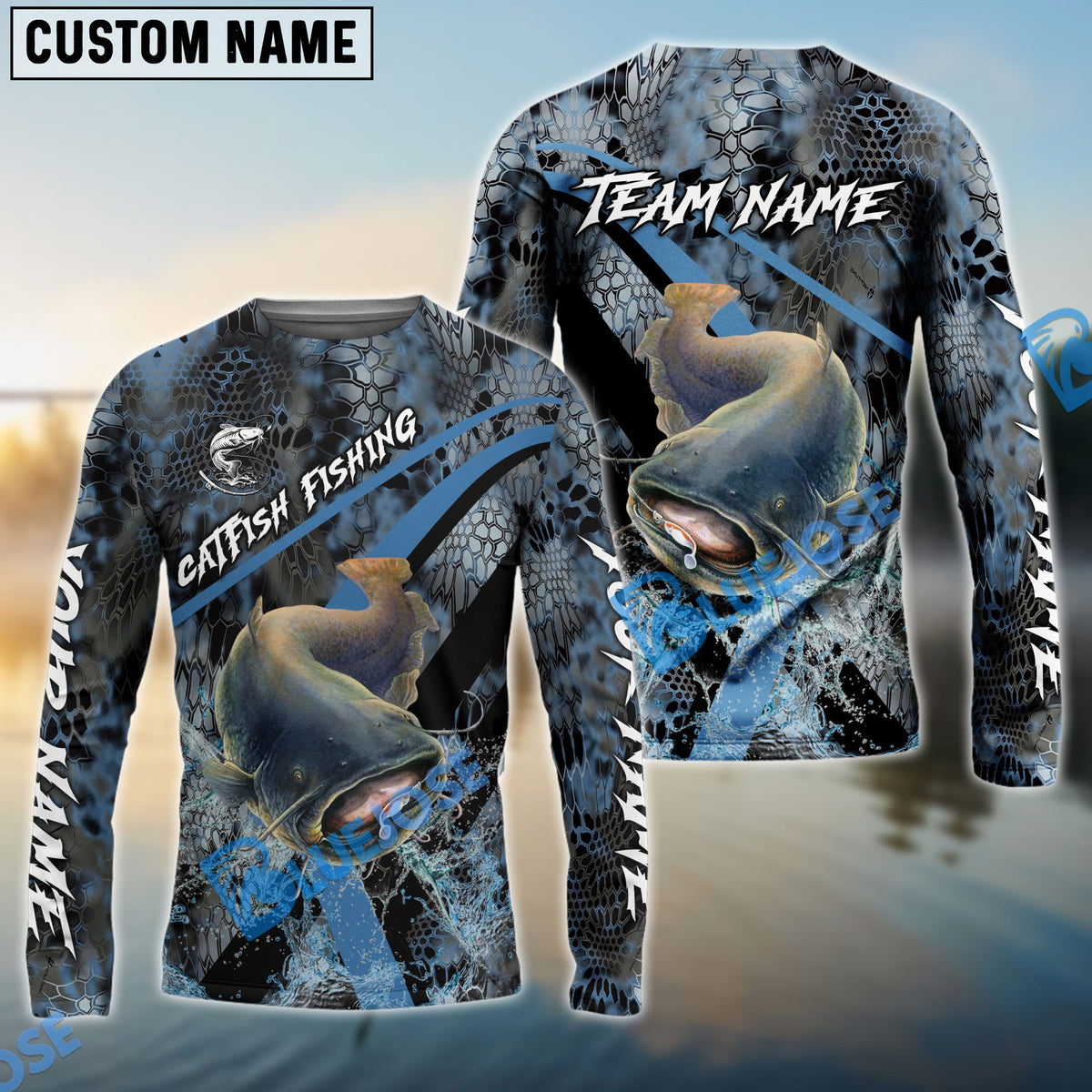 BlueJose Catfish Fishing Dark Skin Sport Custom Name & Team Name 3D Shirts