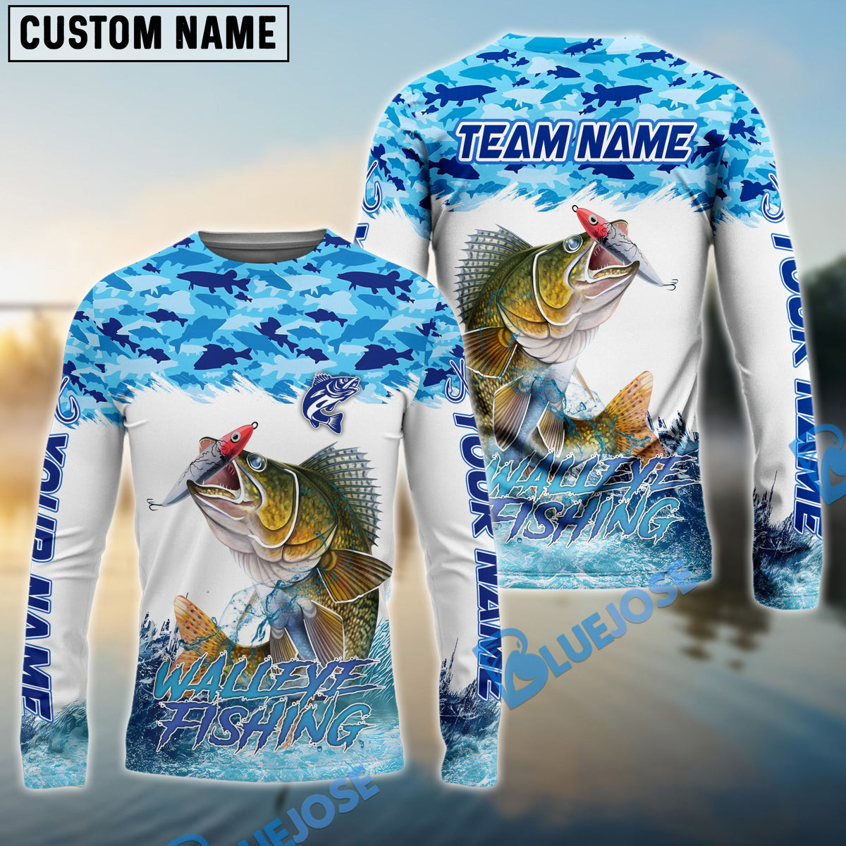 BlueJose Walleye Fishing Blue Water Camo Custom Name & Team Name 3D Shirts
