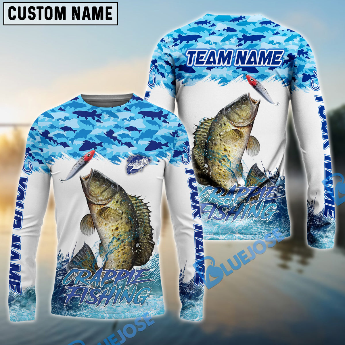 BlueJose Crappie Fishing Blue Water Camo Custom Name & Team Name 3D Shirts