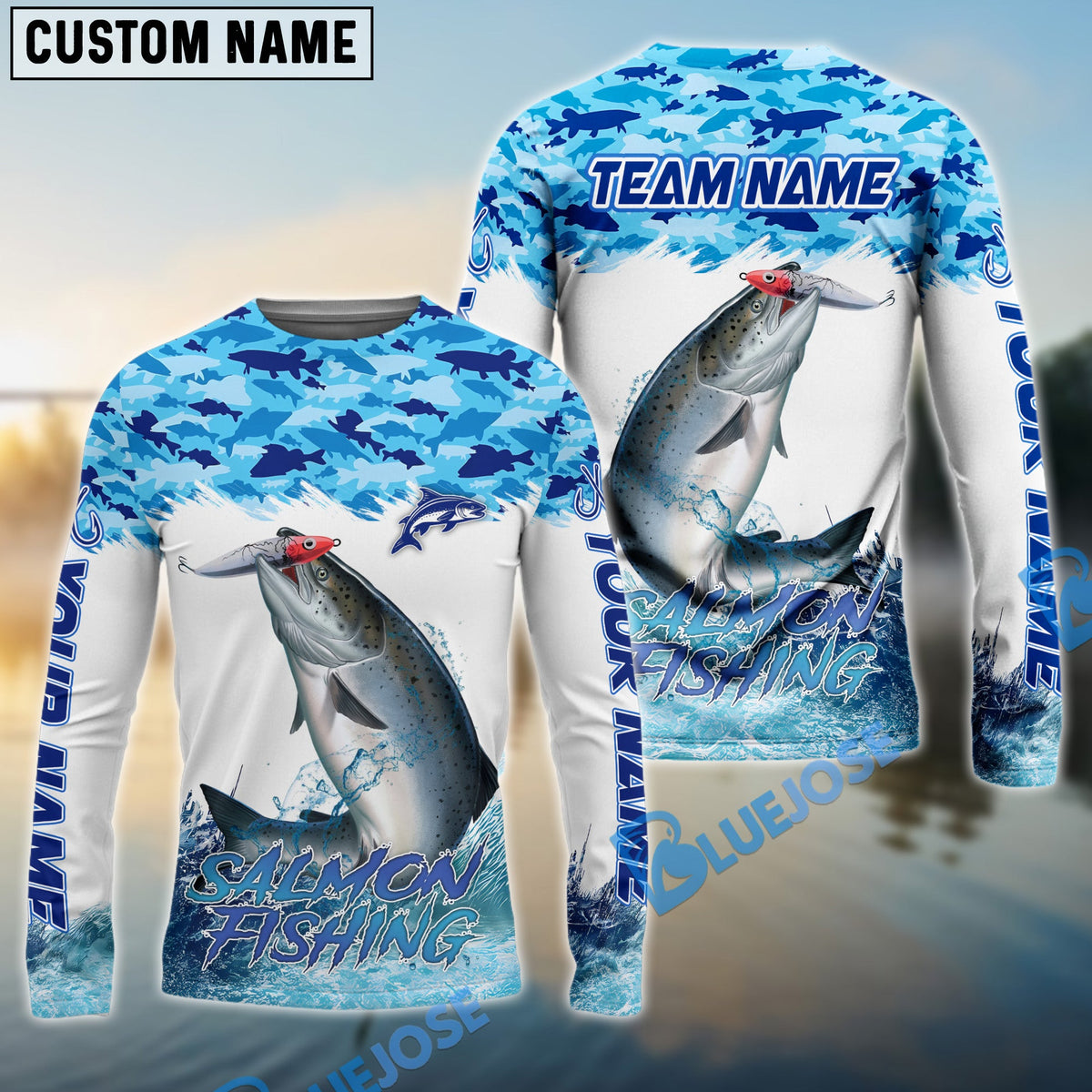 BlueJose Salmon Fishing Blue Water Camo Custom Name & Team Name 3D Shirts