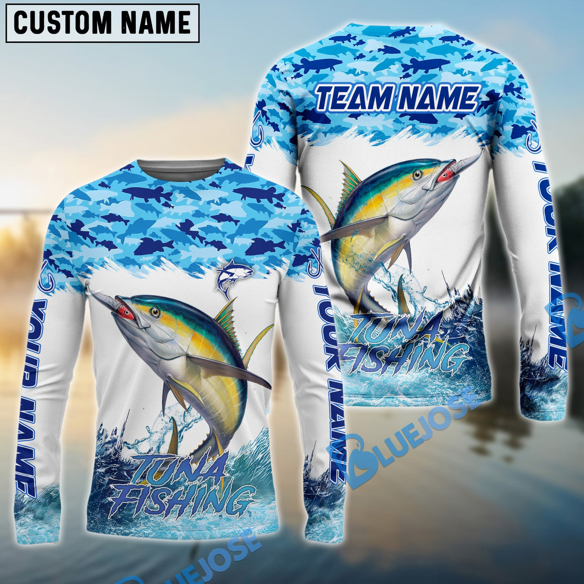 BlueJose Tuna Fishing Blue Water Camo Custom Name & Team Name 3D Shirts