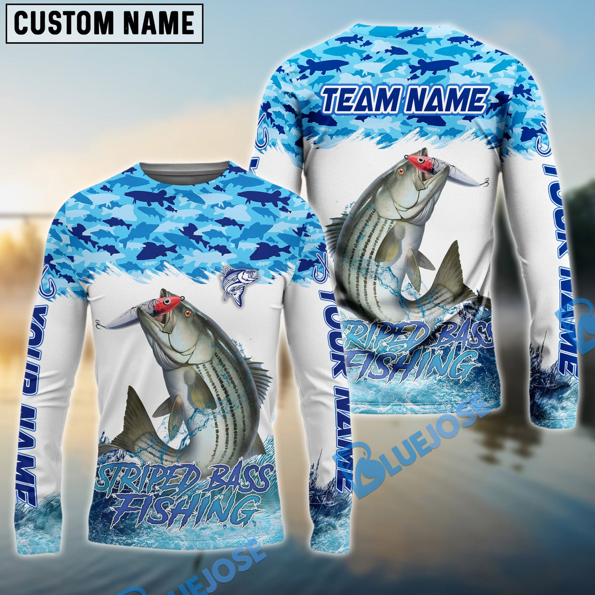 BlueJose Striped Bass Fishing Blue Water Camo Custom Name & Team Name 3D Shirts