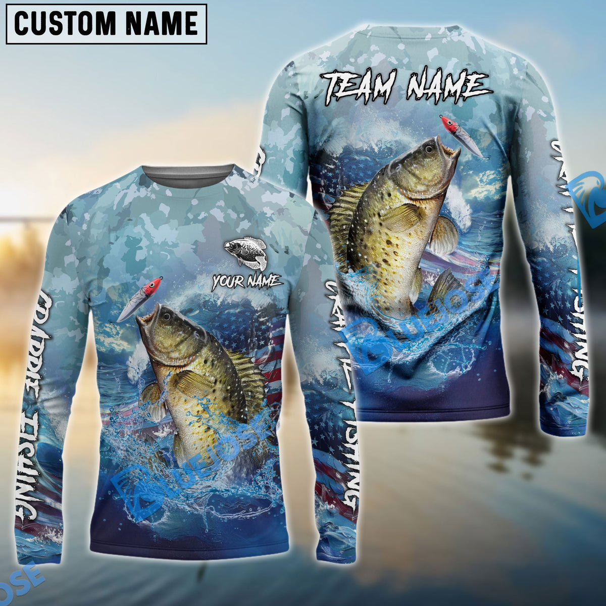 BlueJose Crappie Fishing American Flag Seawave Custom Name & Team Name 3D Shirts