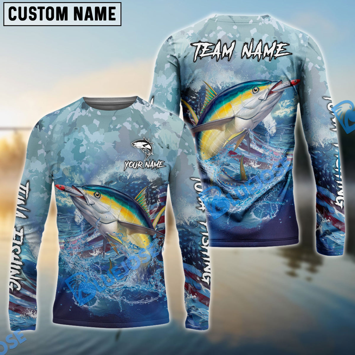 BlueJose Tuna Fishing American Flag Seawave Custom Name & Team Name 3D Shirts