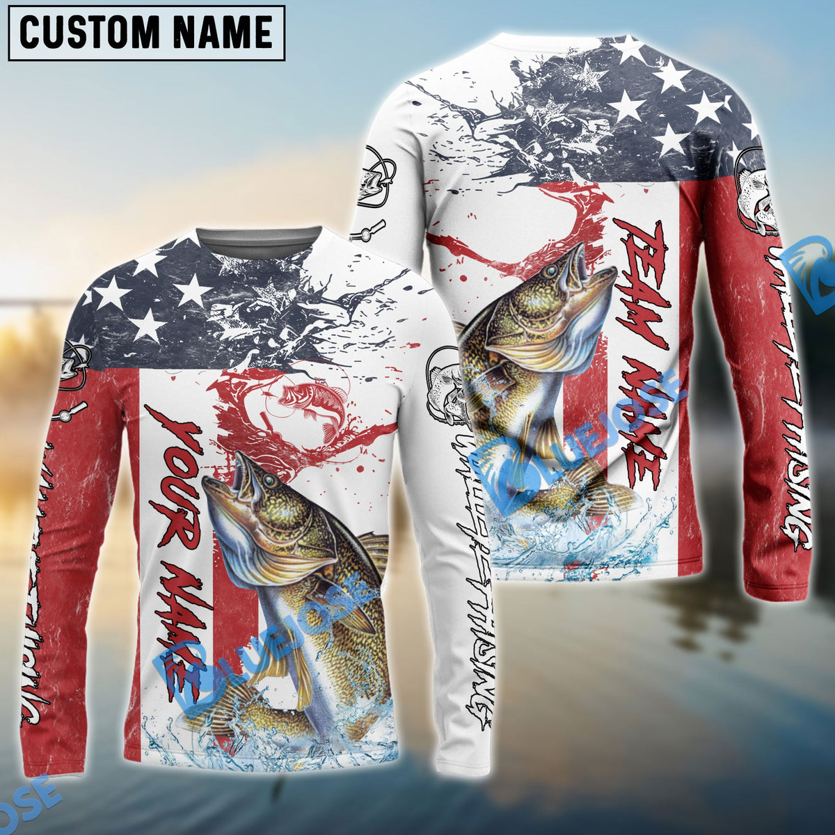 BlueJose Walleye Fishing American Flag Red Blue Seawave Custom Name & Team Name 3D Shirts