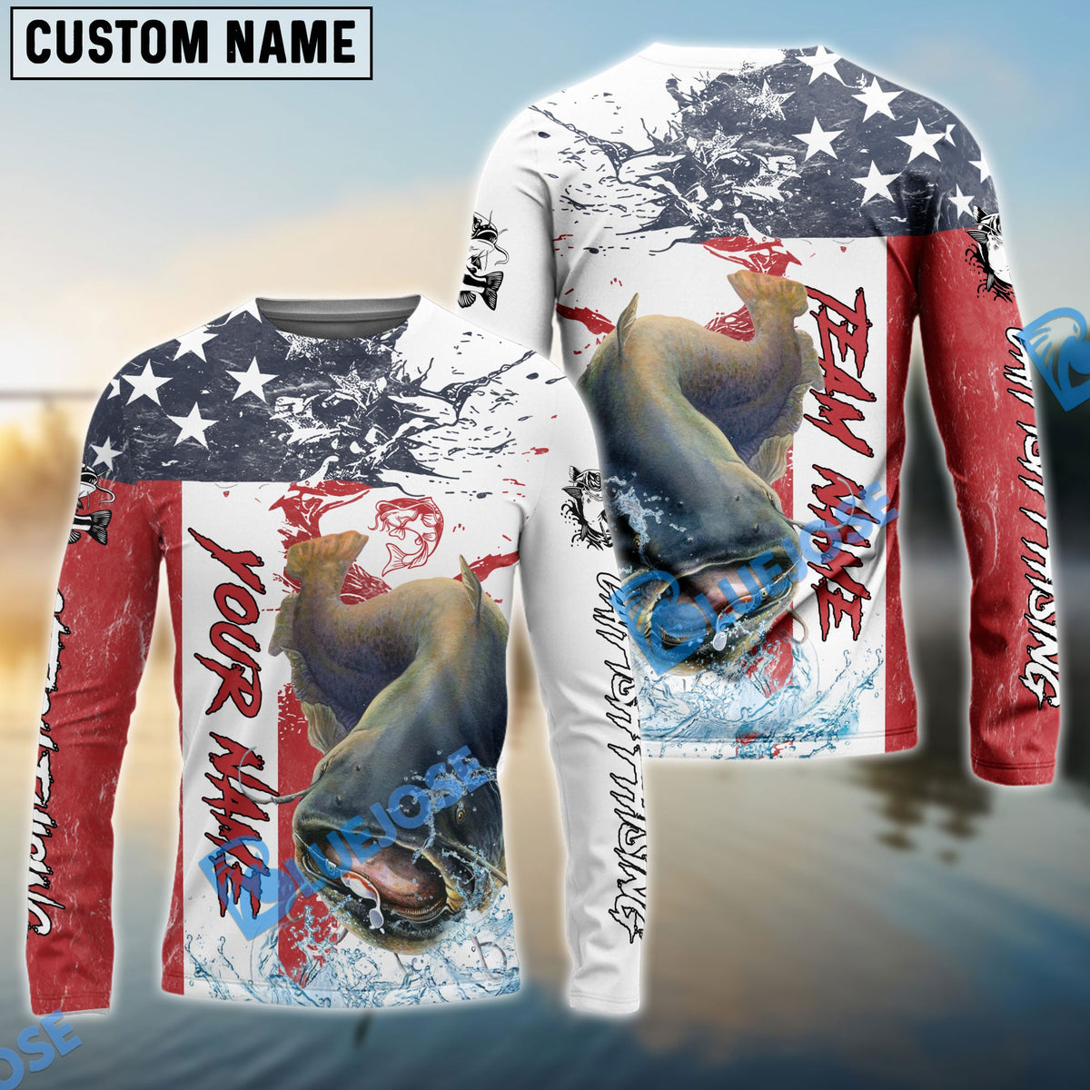 BlueJose Catfish Fishing American Flag Red Blue Seawave Custom Name & Team Name 3D Shirts