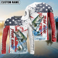 BlueJose Striped Bass Fishing American Flag Red Blue Seawave Custom Name & Team Name 3D Shirts