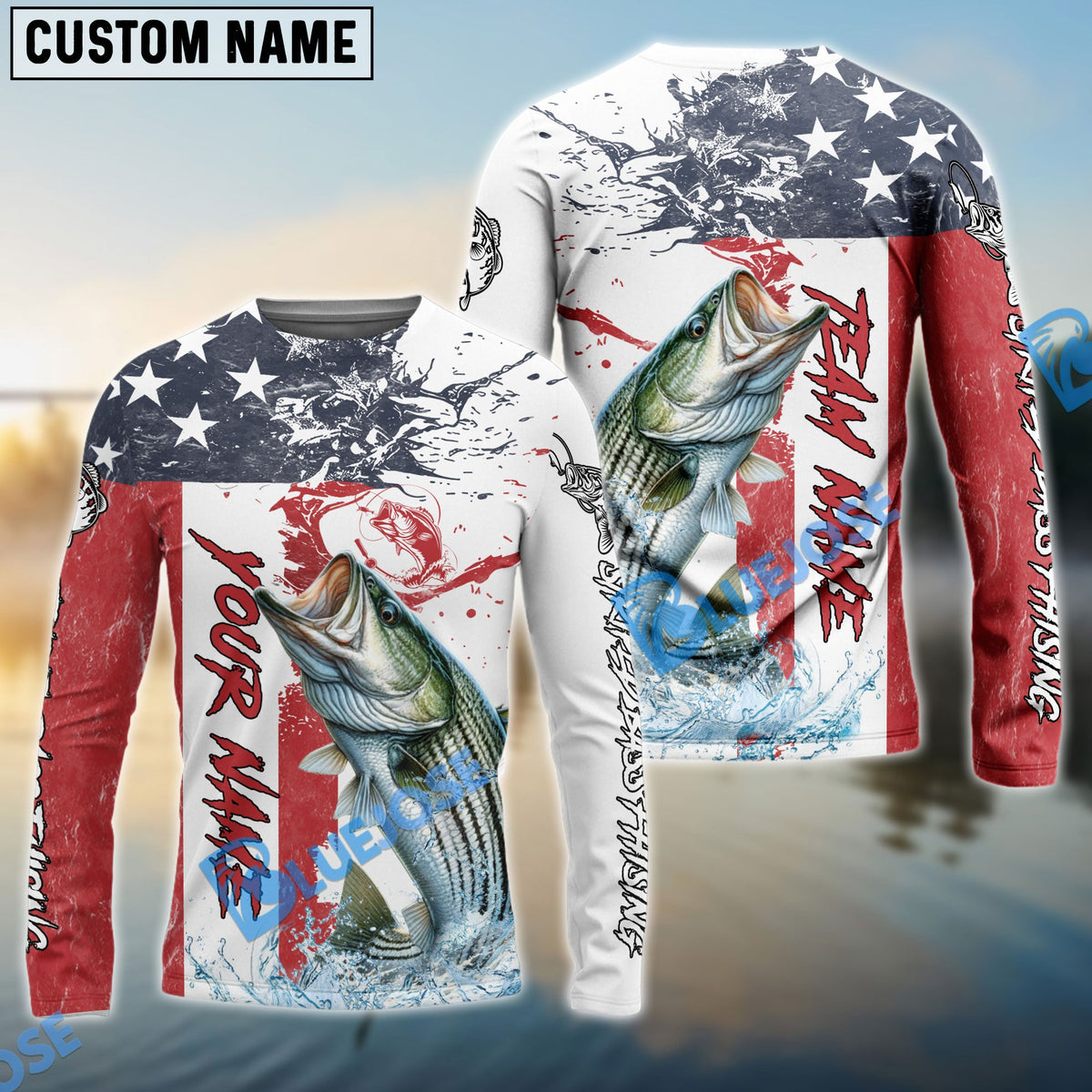 BlueJose Striped Bass Fishing American Flag Red Blue Seawave Custom Name & Team Name 3D Shirts