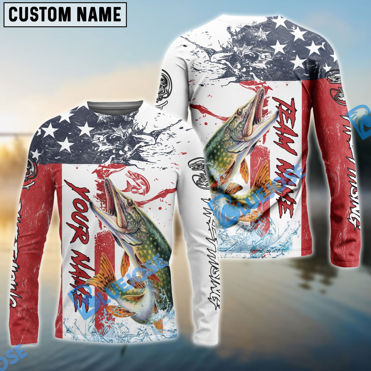 BlueJose Pike Fishing American Flag Red Blue Seawave Custom Name & Team Name 3D Shirts