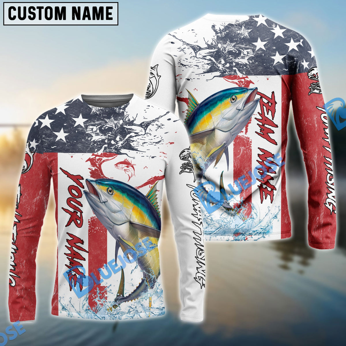 BlueJose Tuna Fishing American Flag Red Blue Seawave Custom Name & Team Name 3D Shirts