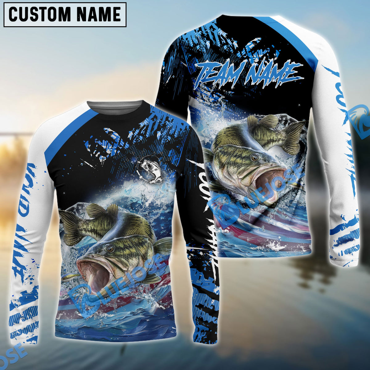 BlueJose Bass Fishing American Flag Blue Seawave Custom Name & Team Name 3D Shirts