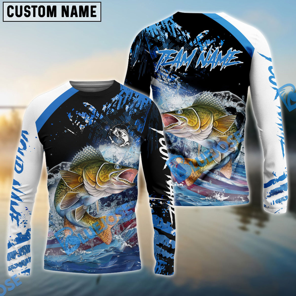 BlueJose Walleye Fishing American Flag Blue Seawave Custom Name & Team Name 3D Shirts